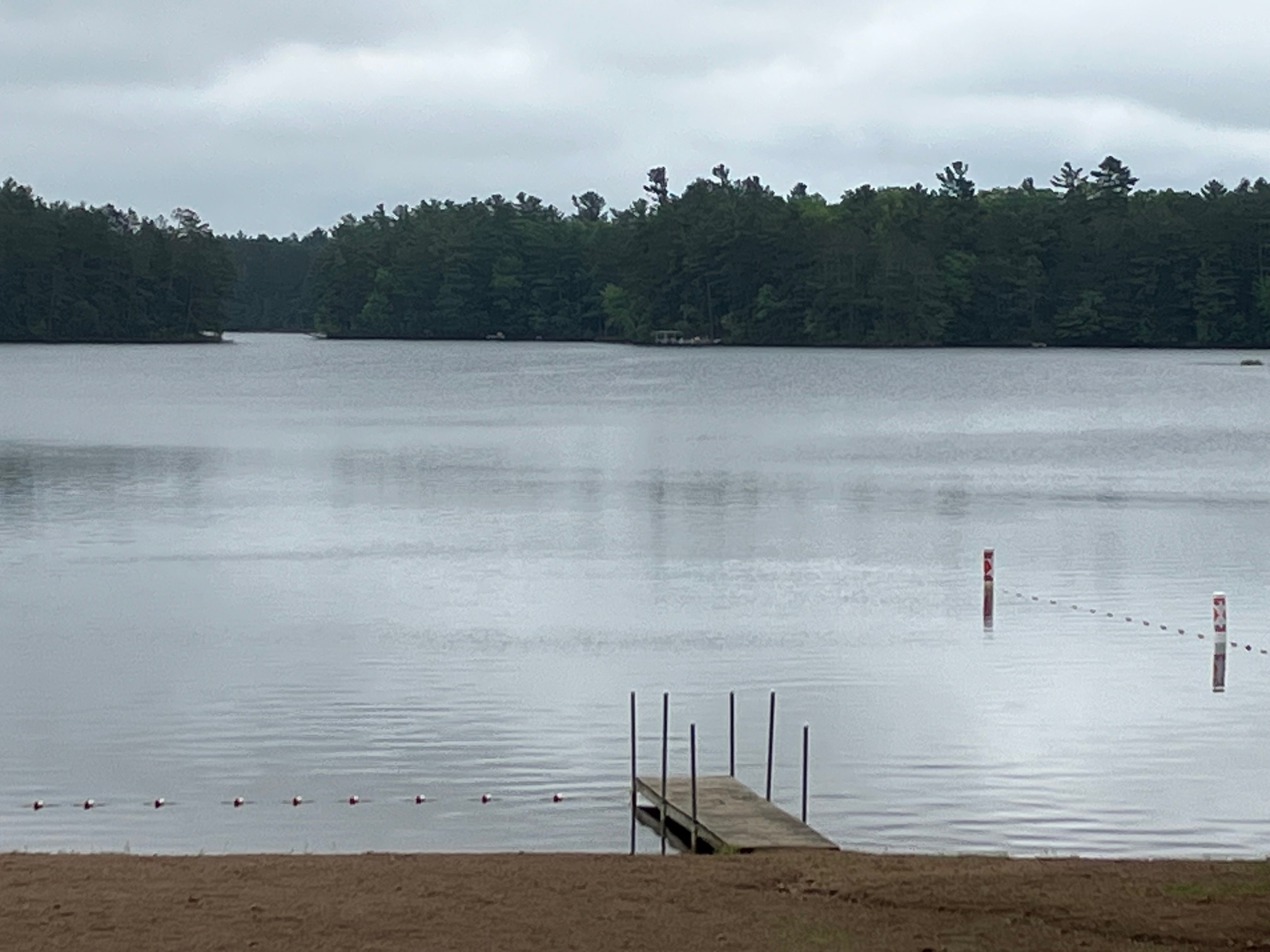 A wooden swim dock reaching into a calm Northwoods lake along the Hazelhurst waterfront